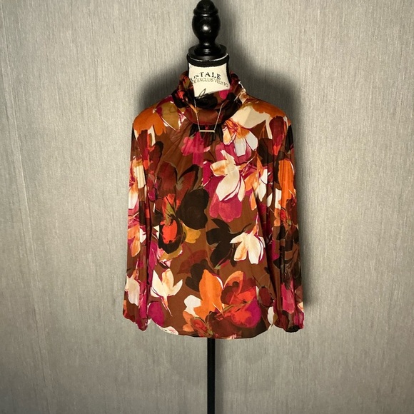 NWOT Susan Graver Floral Blouse - Red, Pink, Brown Size Large - Picture 1 of 12
